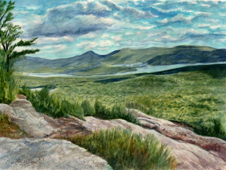 Watercolor painting of a landscape view from Lake George, NY