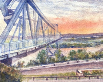 Rip Van Winkle Bridge Catskill NY, early sunrise view, handmade watercolor NY landmark, Hudson River bridge NY painting