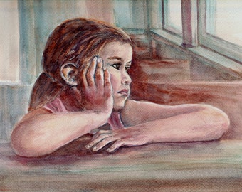 Young girl watercolor painting, watercolor child portrait, daydream in school, art print children room, children watercolor, girl portrait