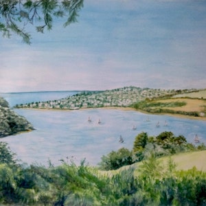 custom landscape in watercolor of a bay area view from a top mountain