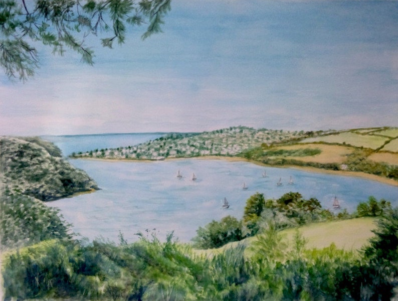 custom landscape in watercolor of a bay area view from a top mountain