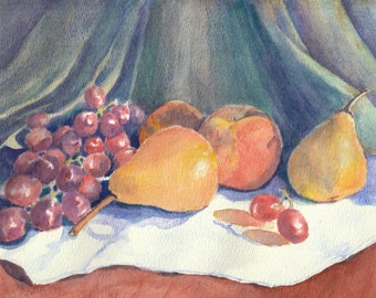 Stillleben Früchte und Vorhänge vom Aquarell, Obst Kunstdruck, Esszimmer Wandkunst, Küche oder Restaurant Kunstwand, klassische Stillleben Kunst
