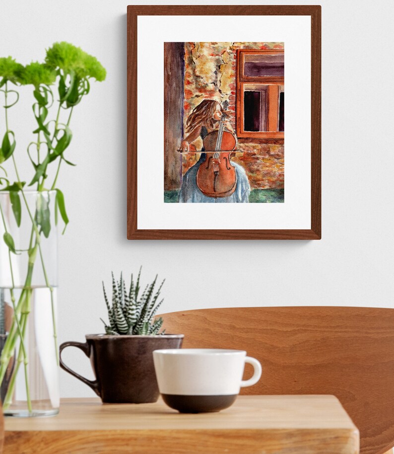 Painting of a Girl Playing the Cello, a Violoncello Player Watercolor ...