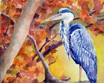 Blauer Reiher Aquarellmalerei, Lebendige Herbstfarben, Wildvogelfarbkunst, Herbstlandschaft in Aquarell, Blauer Reiher und helles Herbstlaub