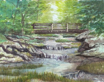 Cascades  river in watercolor painting, the Catskill NY mountain painting, small wood bridge in forest, art print of cascades