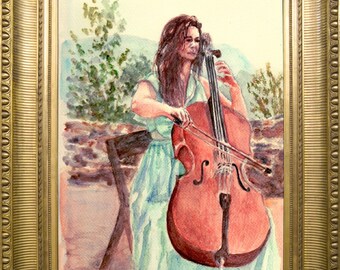 Cello Player Watercolor Portrait, original handmade painting