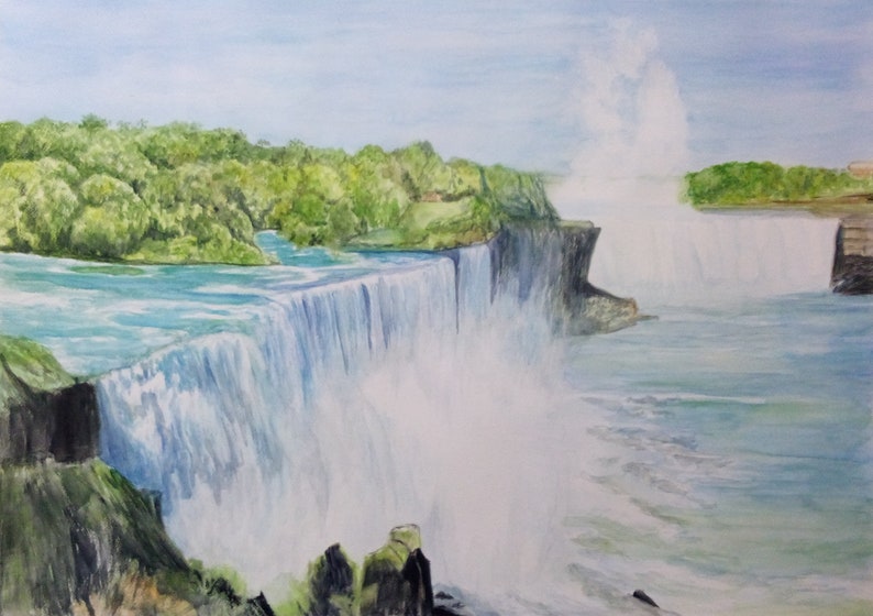 Custom watercolor of two waterfalls