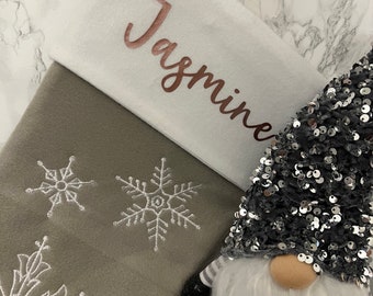 Personalised Christmas stocking, Christmas stocking, Personalised, Grey stocking, Snowflake, Reindeer, Luxury stocking, Family Christmas