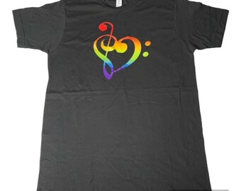 Treble/Bass Clef Rainbow Heart Black Tee / Marching Band / DCI / Brass / Woodwind / Drumline / Percussion / Guard / Pride / Gift