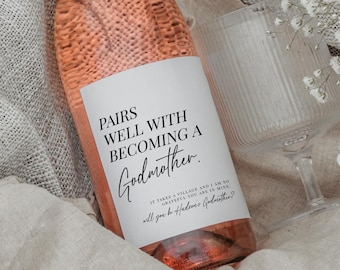 Godmother Gift, Pairs Well With Wine Label, Godmother Proposal, Custom Wine Label Template, Will you be my Godmother, Instant Download, 132