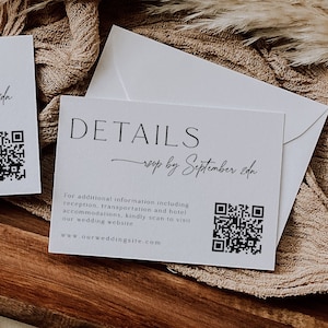 QR Code Details Card, Minimalist Wedding Details Insert, Modern Wedding Details Card, Printable Enclosure Card, RSVP Online, Editable, 89