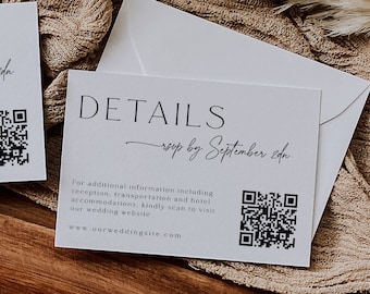 Pode incluir: Dois cartões brancos com o texto "DETAILS - sep by September 20th" e um código QR. O texto abaixo do título diz "Para obter informações adicionais, incluindo recepção, transporte e acomodações em hotéis, digitalize para visitar nosso site de casamento www.ourweddingsite.com".