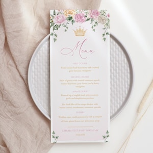 Prinzessin Menü Vorlage, Prinzessin Geburtstagsmenü, Prinzessin Baby Shower Menü, druckbares Abendmenü, bearbeitbarer Text, Geburtstagsmenü, 105