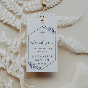 Taufe Geschenkanhänger Vorlage, Druckbare Taufe Gunsten, erste Kommunion Tags, Blaue Taufe Anhänger, Silber Taufe, Dankeschön Tags, Sofort, 060