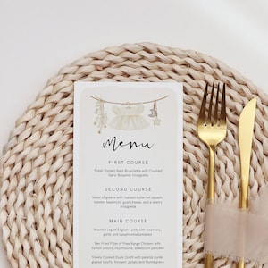 Szablon menu na baby shower dla dziewczynki, boho menu na baby shower, menu na baby shower dla ubranek, menu na kolację do wydrukowania, edytowalny tekst, natychmiastowe pobranie, 95