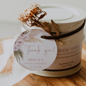 Pampas Bridal Round Favor Tag Template, Wedding Thank You Tag, Bridal Shower Tag, Bohemian Favor Tag, Download, Editable Text, Templett