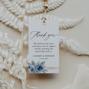Modelo de etiqueta de lembrancinha azul-poeira, etiqueta de agradecimento de casamento azul-poeira, etiqueta de noiva, etiqueta azul-dourada, DOWNLOAD, texto editável, para impressão, boho, 06