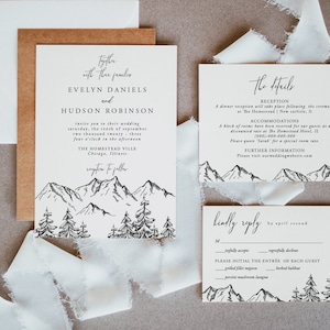 Berg Hochzeit Einladung Set, Berg, Waldland Kiefer, rustikale Hochzeit, Seeseite bearbeitbare Vorlage, Sofort Download, Templett, 001