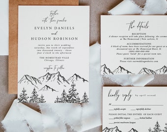 Mountain Wedding Invitation Set, Mountain, Woodland Pine, Rustic Wedding, Lakeside Editable Template, Instant Download, Templett, 001