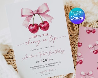 Invito di compleanno con ciliegie, invito per il primo compleanno con ciliegie, invito per il primo compleanno con fiocchi rosa e bacche, invito per il primo compleanno di una bambina, 135
