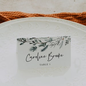 Plantilla de tarjeta de lugar de invierno, tarjetas de lugar imprimibles, plantilla de boda de pino invernal, tarjeta de lugar de Navidad, descarga instantánea, editable, 63
