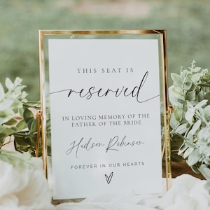 Letrero de asientos reservados para boda en memoria, plantilla de Canva &quot;En memoria amorosa&quot;, decoración de silla para el padre de la novia en el cielo, editable, 137