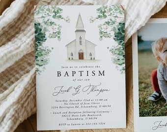 Baptism Invitation Template, Baptism Invitation, Christening, Dedication, Church, Baptism Greenery, Editable, Instant Download, Chapel, 88