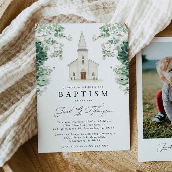 Baptism Invitation Template, Baptism Invitation, Christening, Dedication, Church, Baptism Greenery, Editable, Instant Download, Chapel, 88