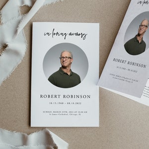 Plantilla de programa funerario minimalista, orden de servicio imprimible, obituario, tarjeta plegable, descarga instantánea, 100 % editable, Templett