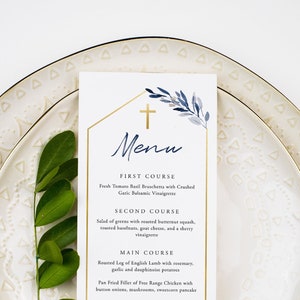 Modello di menu per battesimo "Greenery", menu per battesimo modificabile, menu stampabile per battesimo, doccia, cena, brunch, Blue Greenery, oro, istantaneo, 060
