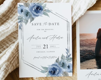 May include: Save the date card with blue watercolor floral design and a geometric frame. The card says "Save the Date for the Wedding of Avelin and Hudson, Jul 21, 2021, Chicago, Illinois". A photo of the couple is included on a separate card with the text "Avelin and Hudson, 03.10.2021".