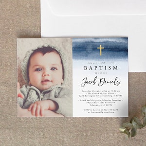 Blue Watercolor Baptism Invitation Template, Baptism Invitation Boy, Christening, First Holly, 100% Editable, Instant Download, Minimalist