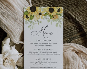 Sonnenblume-Menüvorlage, blaues Menü, Blumenmenü druckbare Hochzeitsmenükarte, Sonnenblume, bearbeitbarer Text, INSTANT DOWNLOAD, Hochzeit, 93