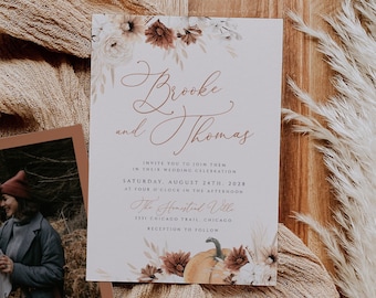 Fall Wedding Invitation Template, Orange Pumpkin Wedding Invitation, Terracotta Fall Floral, Boho Wedding, Printable, Instant Download, 120