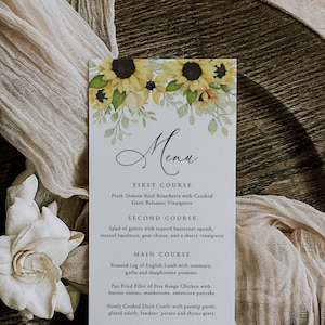 Modèle de menu tournesol, menu bleu, menu floral carte de menu pour le dîner de mariage imprimable, tournesol, texte modifiable, téléchargement immédiat, mariage, 93