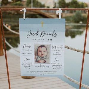Light Blue Baptism Milestone, Poster Board Template, Printable, Editable, First Communion Poster, Photo Baptism Milestone, Blue Gold, 17