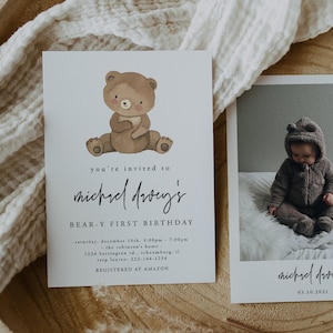 Bear Birthday invitation, Bear-y First Birthday, Cute Bear Birthday, 1st Birthday Teddy Bear Invitation, Printable Birthday invite, 58