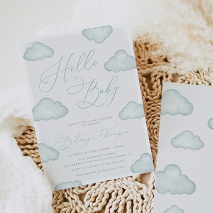 Hello Baby Modern Blue Cloud Baby Invitation Template, Boho Baby Shower Invite, Blue Cloud Baby Shower, Boy Baby Shower, Editable, 113