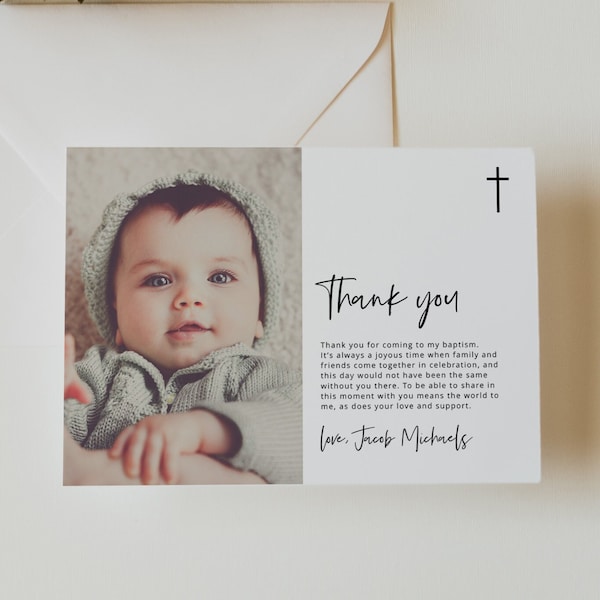 Carte de remerciement de baptême, baptême minimaliste, remerciement de baptême, baptême, photo de remerciement, modifiable, modèle, baptême moderne, 83
