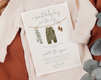 Invito per baby shower per bambino, invito per baby shower con vestitini per bambino, invito per baby shower in stile boho, modello modificabile, 95