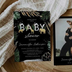 Safari-Babyparty-Einladung, Dschungel-Einladung, Safaritiere, Löwe, Elefant, Sofort-Download, Vorlage, Gold, schwarz und weiß