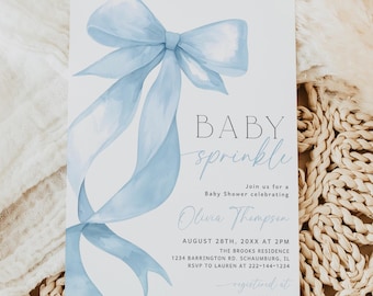 Invitación para baby shower con lazo azul, invitación para baby shower de niño, cinta azul pastel suave y delicada, editable en Canva, 134
