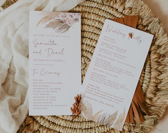 Pampas Wedding Program Template, Boho Wedding Program, Bohemian Wedding Program, Printable Program Wedding, Instant, Template