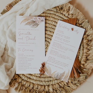 May include: Wedding ceremony program with a watercolor floral design. The program includes the order of events for the ceremony, the names of the wedding party, and the names of the bride and groom: Samantha and Daniel.