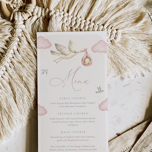 Szablon menu na baby shower z bocianem, boho menu na baby shower, menu na baby shower dla dziewczynki z bocianem, menu na kolację do wydrukowania, edytowalny tekst, różowy bocian, 110