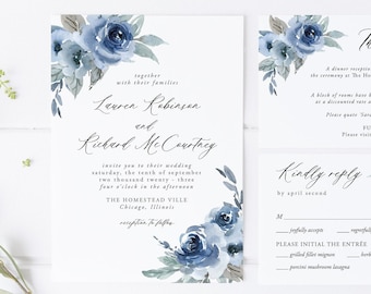 Dusty Blue Wedding Invitation Set, Blue Wedding InvitationInstant Download, Template, Navy Floral Wedding, Blue Floral Invitation, 06