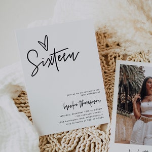 Sweet Sixteen Geburtstagseinladung, moderne Sweet 16, minimalistische Sweet 16 einladen, Minimal 16, Minimalist Sixteen, bearbeitbar, Vorlage, 41