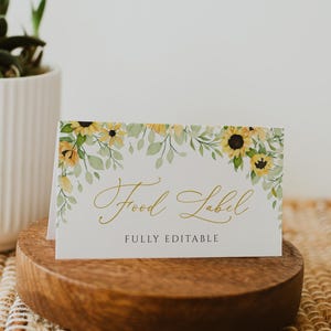Modèle de carte de nourriture tournesol, étiquette de nourriture, cartes tente tournesol, étiquettes de nourriture pour baby shower, étiquette de douche nuptiale, téléchargement, modifiable, 93
