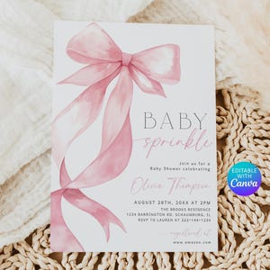 Pink Bow Baby Sprinkle Invitation, Baby Shower Invite, Baby Girl Sprinkle, Soft Delicate Pink Pastel Ribbon, Editable Canva, 134