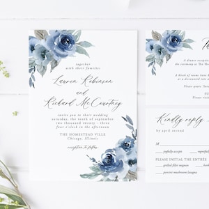 Dusty Blue Wedding Invitation Set, Blue Wedding InvitationInstant Download, Template, Navy Floral Wedding, Blue Floral Invitation, 06